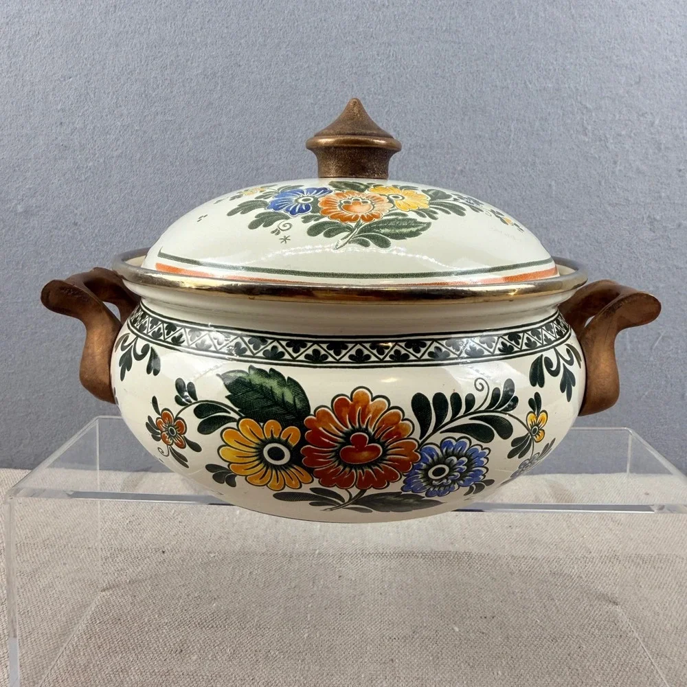 Vintage ASTA Enamelware Floral Casserole Pot with Lid West Germany Brass Handles